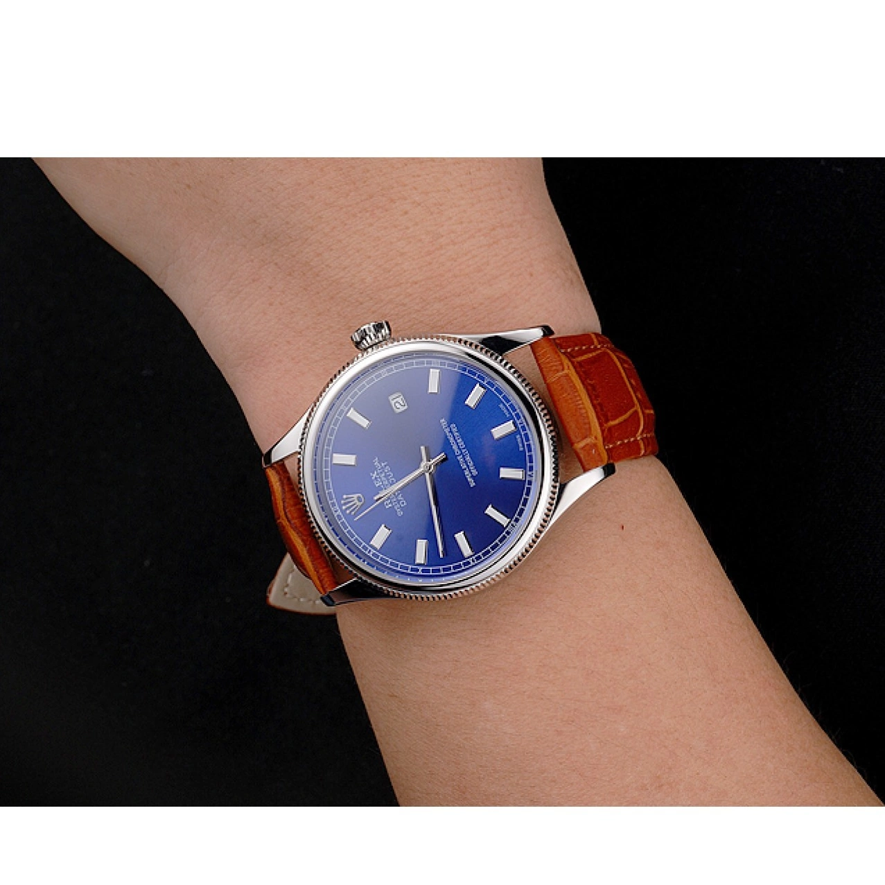 Aaa replica watch Leather Dial Datejust Blue Case Steel Swiss Stainless Light Brown Strap Rolex 0719